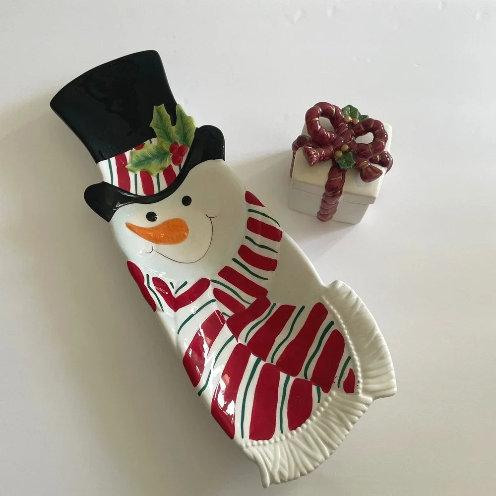 Fitz‎ and Floyd Snowman Holiday Snack Serving Plate Tray & Trinket Bow Box